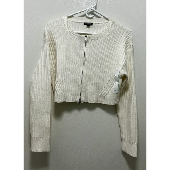 wild fable Sweaters - Wild Fable White Ribbed Crew‎ Neck Long Sleeve Cropped Sweater Women Medium